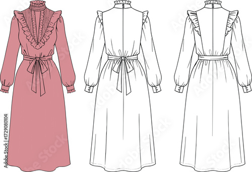 Victorian Ruffle Midi Dress Fashion Flat CAD Drawing Vector Illustration with High Neck and Tie Belt for Apparel Design Tech Pack.