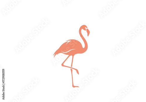 A minimalist illustration of a coral pink flamingo standing on one leg against a white background.
