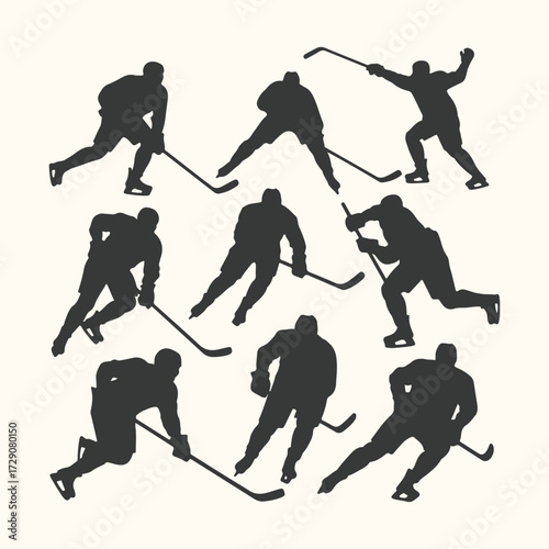 Vector art of collection of hockey player silhouettes in various action poses, capturing the dynamic nature of the sport, isolated on a light background