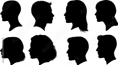 Silhouettes of Diverse Faces: Men and Women Profile Views in Black