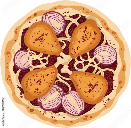 Traditional Palestinian Musakhan flatbread topped with roasted chicken pieces, caramelized onions, and sumac spice, representing authentic Middle Eastern cuisine