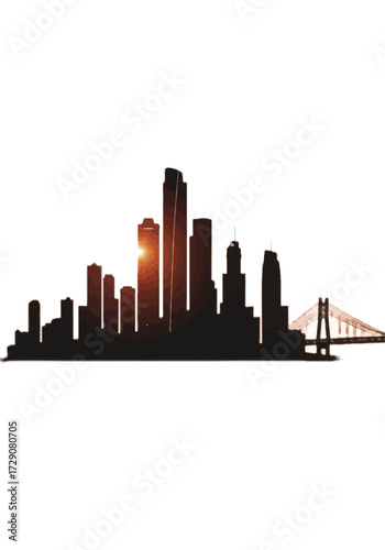 A striking silhouette of a modern city skyline with skyscrapers and a bridge, backlit by a setting sun.