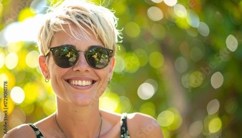 a blonde woman with short hair wearing sunglasses and smiling looking in camera with blurred green lime bokeh background
