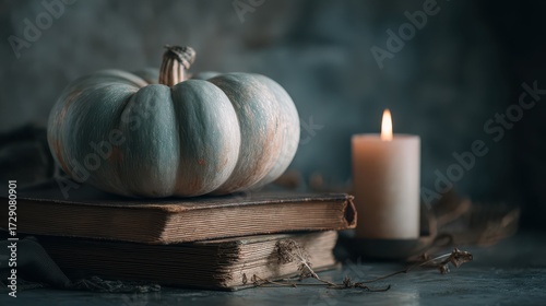 Fototapeta Naklejka Na Ścianę i Meble -  Halloween concept shows A rustic pumpkin sits atop old books beside a softly flickering candle, evoking a cozy autumn atmosphere.