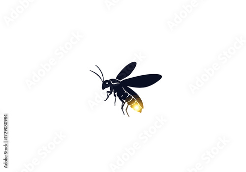 Silhouette of a firefly with glowing abdomen on a white background.