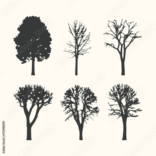 Vector art of collection of six different tree silhouettes in black, showcasing various branch structures and leaf densities, isolated on a cream background, representing nature and seasons