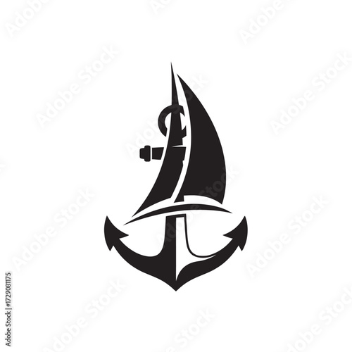 Stylized black and white illustration of an anchor with a sail.