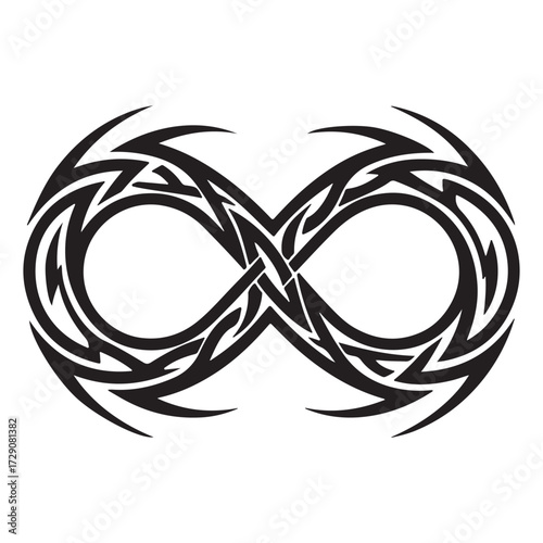 Detailed black and white infinity symbol with tribal patterns and sharp edges, isolated on white background