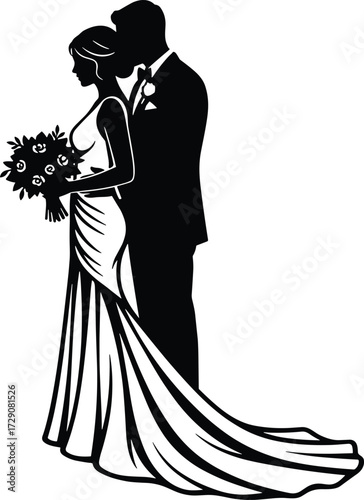 Romantic wedding couple silhouette illustration of bride and groom in elegant dress and suit, holding bouquet for marriage ceremony design.