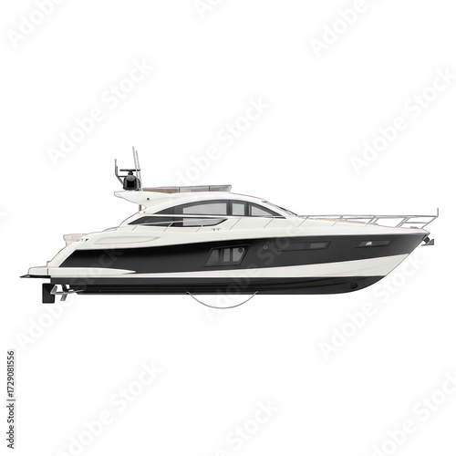 Sleek white and dark-grey motor yacht profile.  Side view of a modern, luxurious vessel.  Features a hardtop and raised seating areas.  Dark grey accents along the hull