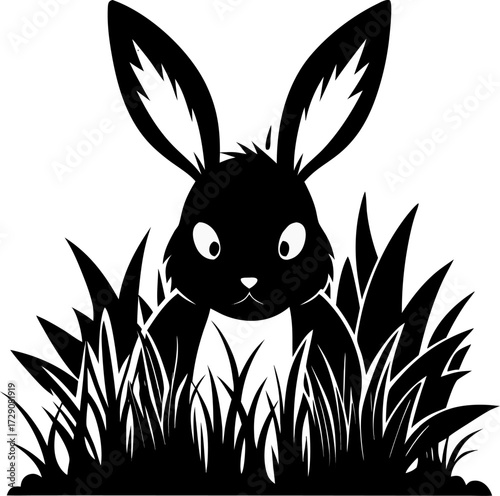 Shy rabbit hiding in grass silhouette  vector black , white background 