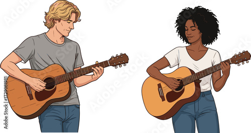 Vector illustration of two musicians playing acoustic guitars, standing together, performing live music, artistic lifestyle concept, cultural expression, entertainment scene