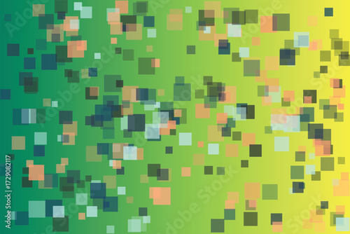 Scattered translucent squares overlay a green to yellow gradient background abstract