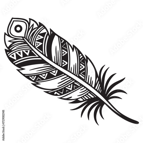 Detailed feather illustration with intricate tribal patterns isolated on white background, showcasing delicate design and cultural significance