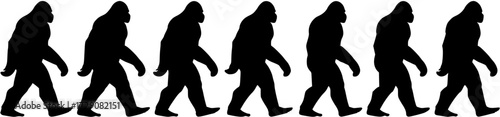 Black silhouettes of Bigfoot or Sasquatch figures walking in a row, a mysterious procession of mythical forest creatures.