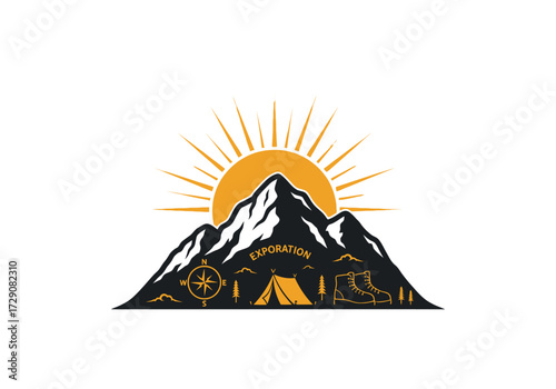 Illustration of a mountain range with camping gear and a compass.