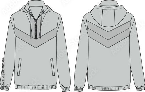 Oversized Chevron Panel Anorak Jacket Fashion Flat CAD Drawing Vector Illustration with Hood and Half Zipper for Apparel Design.