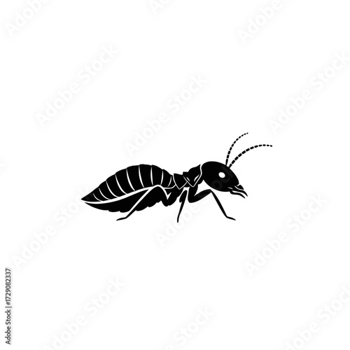 A black and white silhouette of a termite, viewed from the side, against a white background.