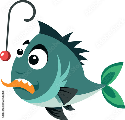 Cartoon anglerfish with a worried expression and glowing lure on a white background