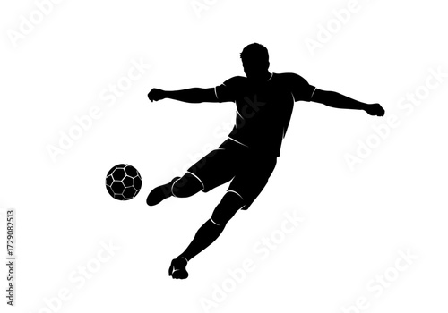 Silhouette of a male soccer player in mid-air kicking a soccer ball during a game.