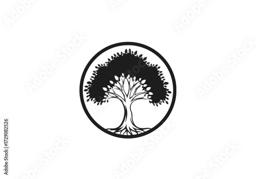 A stylized black and white illustration of a tree with visible roots, enclosed within a circular border.