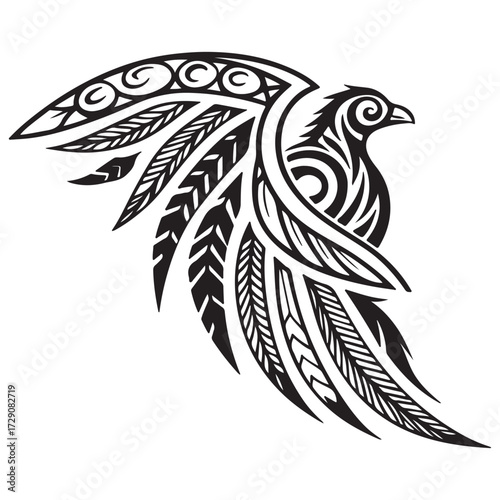 An elegant maori bird in flight design isolated on white background, showcasing intricate tribal patterns and a sense of grace and movement