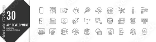 App Development Icon Set: Mobile App, Coding, Debugging, & Cloud Integration