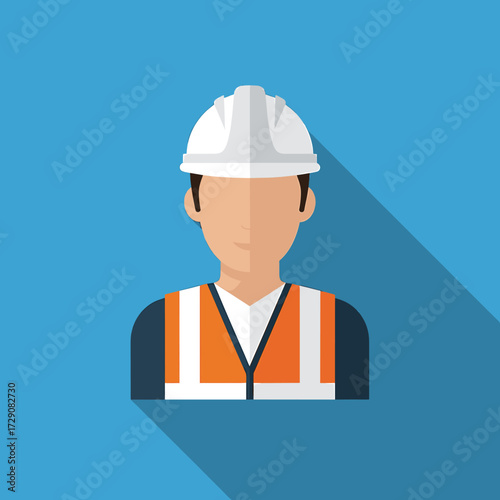 A flat illustration of a construction worker wearing a safety helmet and vest.