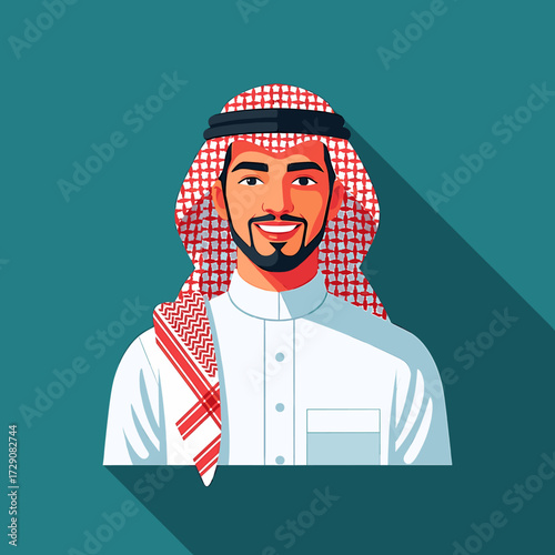 Portrait of a smiling Arab man wearing a traditional headdress and white thobe against a teal background with a long shadow.