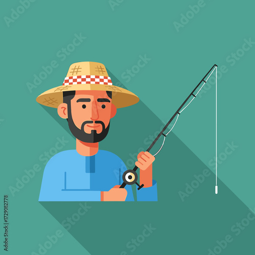 A man with a beard wearing a straw hat holds a fishing rod, depicted in a flat, stylized illustration.