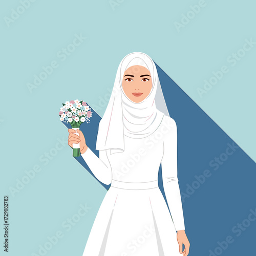 Muslim bride in white dress and hijab holding a bouquet of flowers, casting a long shadow.