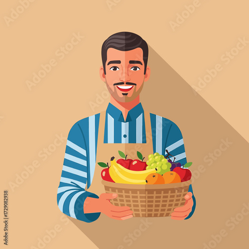 A smiling man, wearing an apron, holds a basket filled with fresh, colorful fruits.
