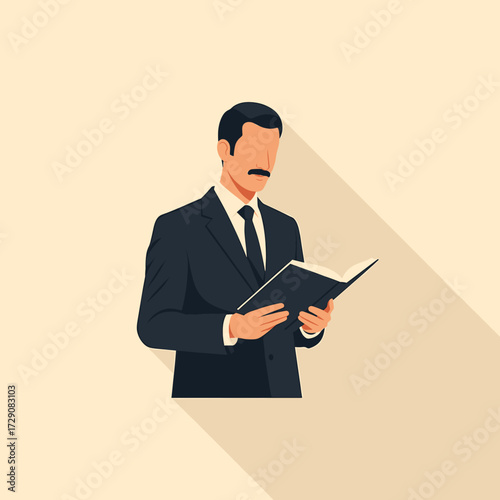 A formally dressed man with a mustache is intently reading a book, casting a long shadow.