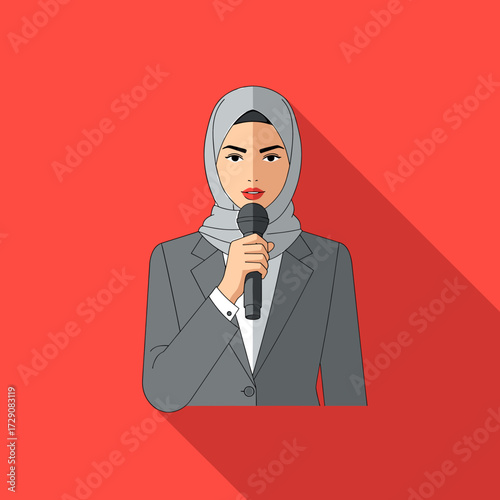 Woman in hijab speaking into a microphone, wearing a suit, against a red background.