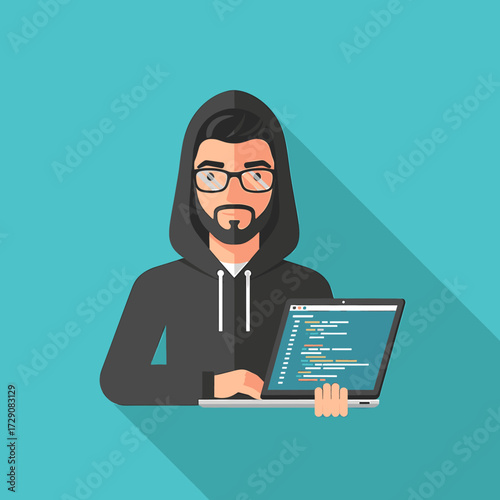 A hooded individual with glasses is shown holding a laptop, displaying code on its screen.