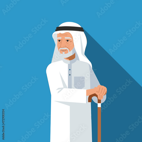 An elderly Arab man in traditional clothing stands with a cane against a blue background.