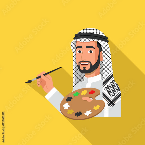 Arab man with keffiyeh holding a palette and paintbrush, painting on a yellow background.