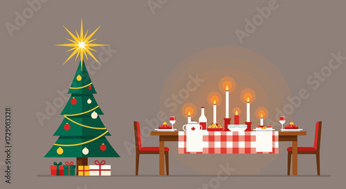 Festive christmas dining table with illuminated candles and decorated tree radiates holiday cheer