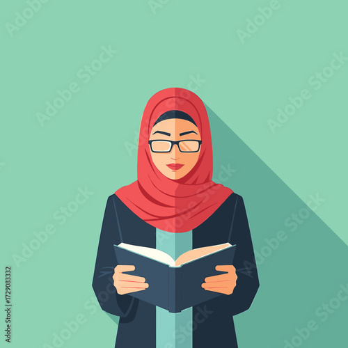 A flat illustration of a woman in hijab reading a book, wearing glasses.