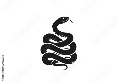 Coiled snake with tongue out, black silhouette on white background.