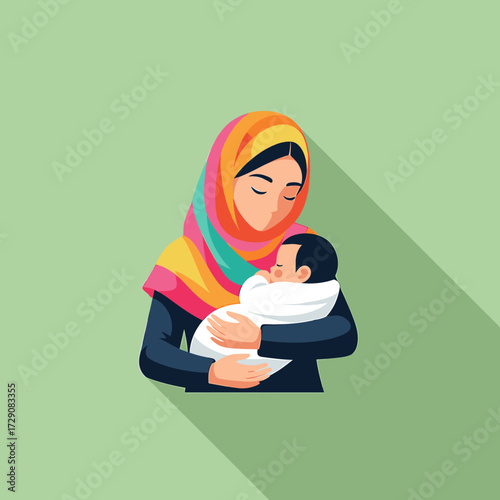 A mother wearing a colorful hijab lovingly cradles her newborn baby, showing affection.