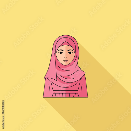 Illustration of a woman wearing a pink hijab and dress, set against a yellow background with a long shadow.