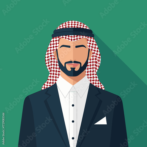 Vector illustration of a man wearing traditional Arab headdress and suit against a green background.