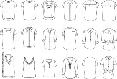 Women's Casual and Business Tops Assortment Technical Flat Vector CAD Drawing Set: Blouse Design Collection with Various Necklines, Sleeves, and Details Fashion