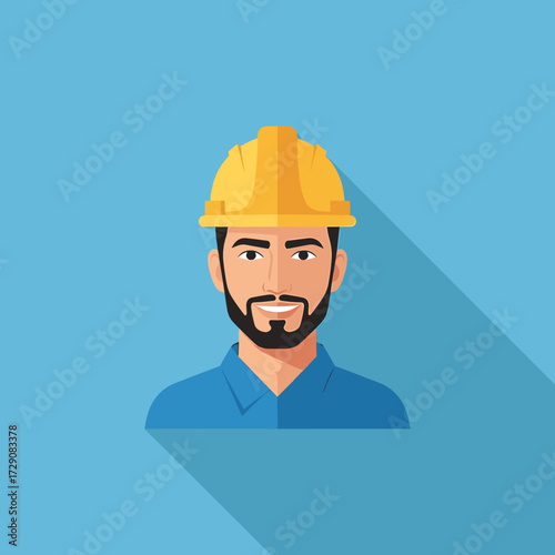 Smiling construction worker with a yellow hard hat and blue shirt against a light blue background.