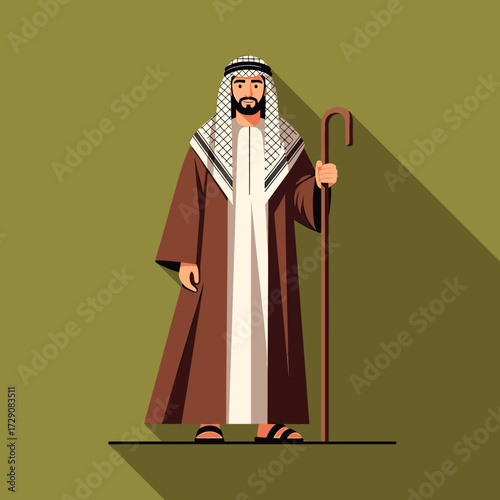 A stylized illustration of a man in traditional Arab attire holding a walking stick.