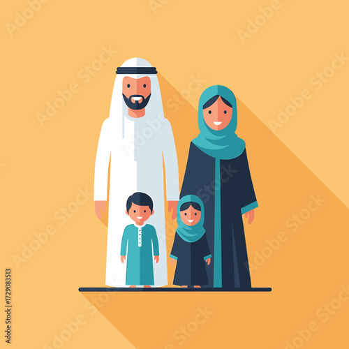 Flat vector illustration of a Muslim family, including a father, mother, son, and daughter, in traditional clothing.