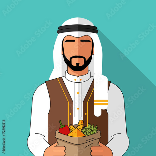 An illustration of an Arab man holding a bag of fresh produce.