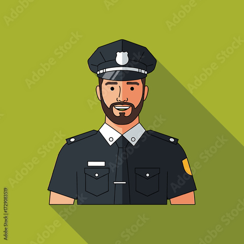 A smiling police officer in uniform, with a badge and a long shadow.