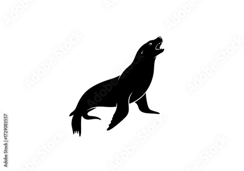 Black silhouette of a sea lion or seal barking or howling, isolated on a white background, depicting marine wildlife.